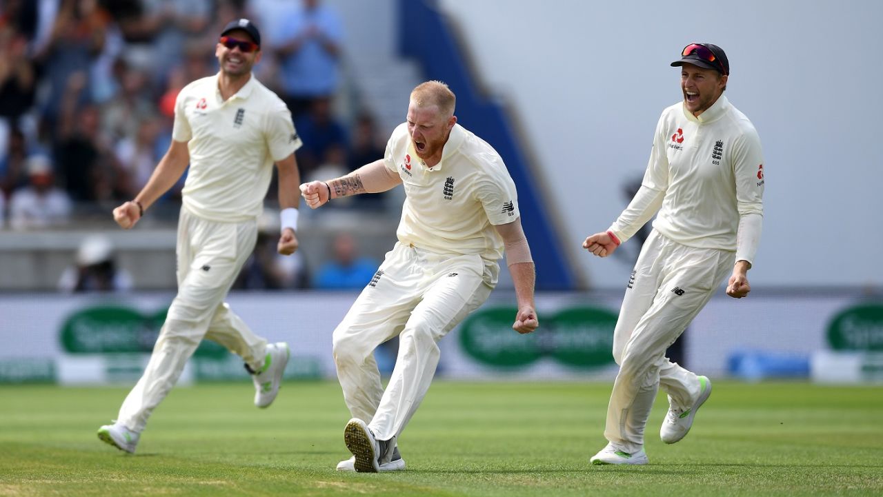 James Anderson, Ben Stokes and Joe Root celebrate a wicket, England v India, 1st Test, Edgbaston, day four, August 4, 2018