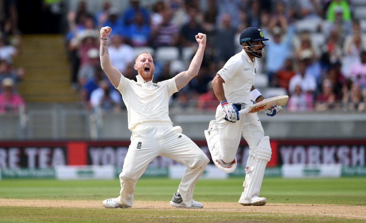 Ben Stokes celebrates Virat Kohli's wicket, England v India, 1st Test, Edgbaston, day four, August 4, 2018