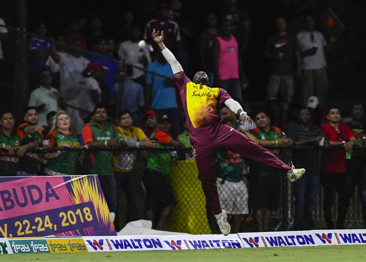 Ashley Nurse leaps to try and grab a catch, West Indies v Bangladesh, 2nd T20I, Lauderhill, August 4, 2018