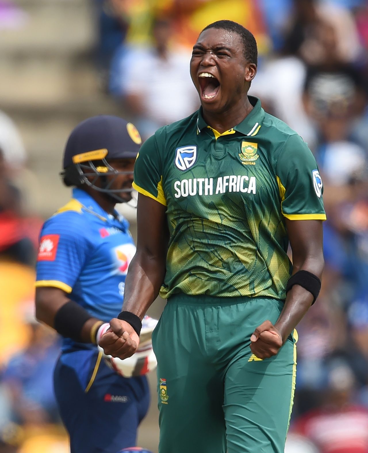 Lungi Ngidi is delighted after picking up an early wicket, Sri Lanka v South Africa, 3rd ODI, Pallekele, August 5, 2018
