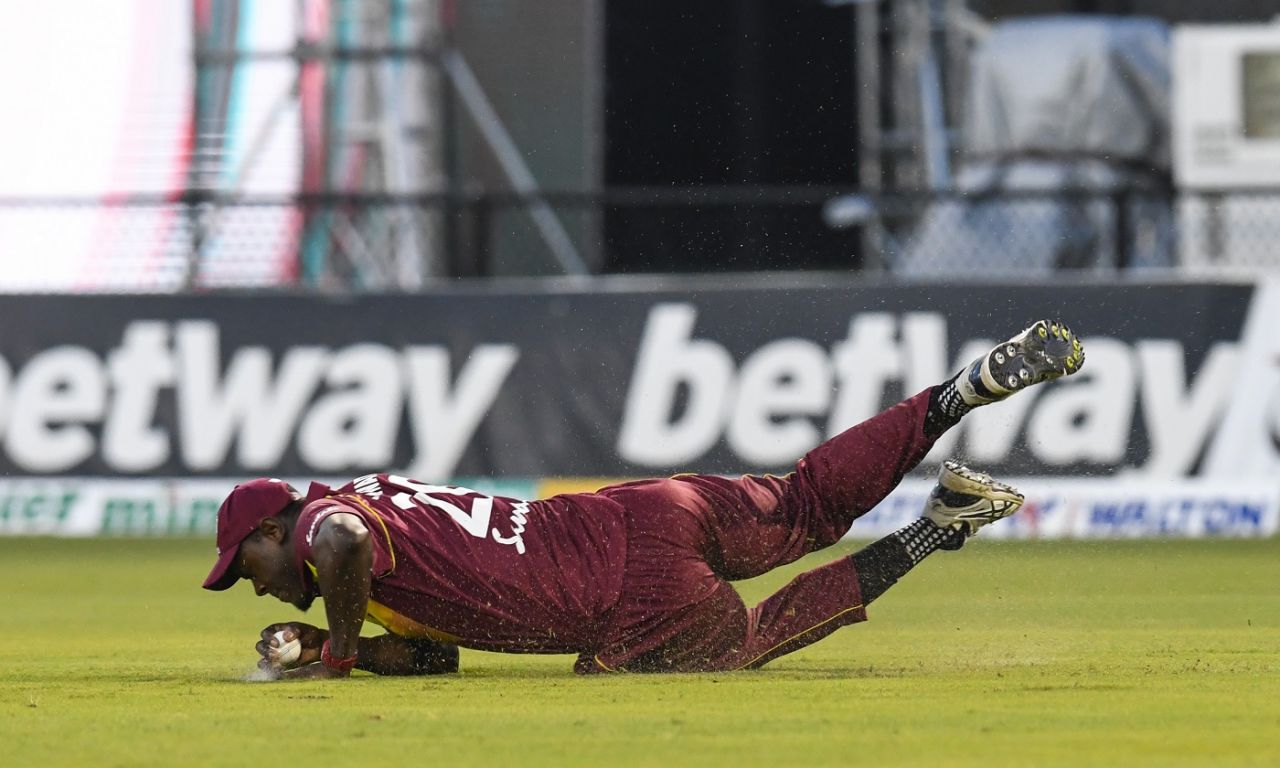 Carlos Brathwaite makes a tumbling save, West Indies v Bangladesh, 3rd T20I, Lauderhill, August 5, 2018