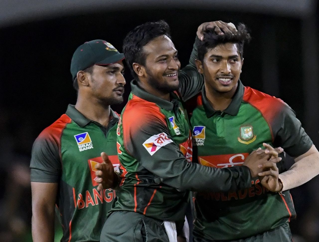 Soumya Sarkar and Shakib Al Hasan celebrate a wicket, West Indies v Bangladesh, 3rd T20I, Lauderhill, August 5, 2018