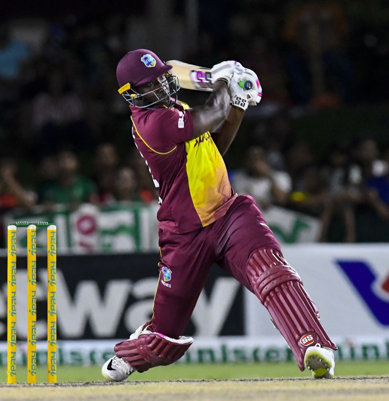 Andre Russell muscles a ball for a maximum, West Indies v Bangladesh, 3rd T20I, Lauderhill, August 5, 2018