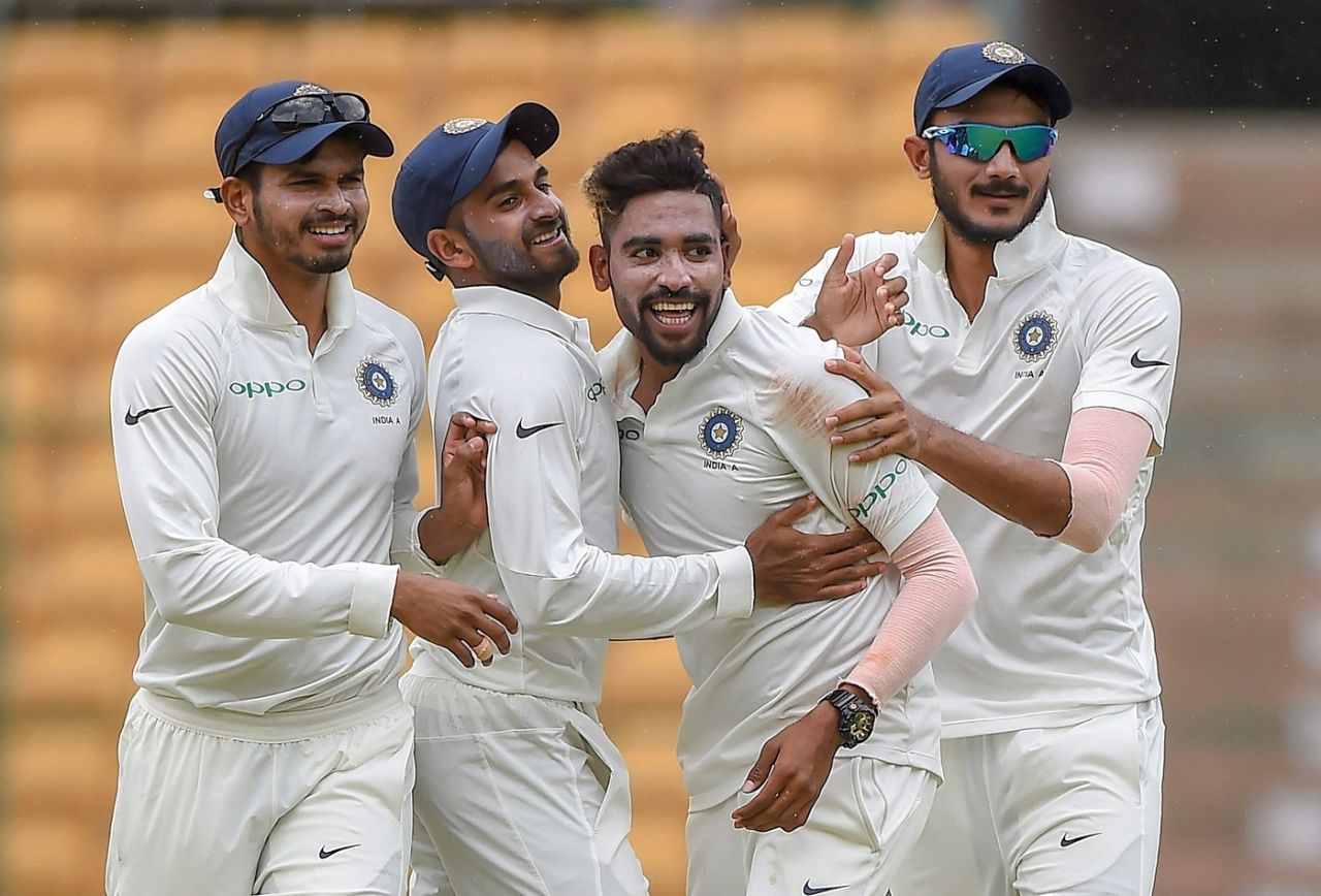 Mohammed Siraj is mobbed by his team-mates, India A v SA A, 1st unofficial Test, Bengaluru, 3rd day, August 6, 2018
