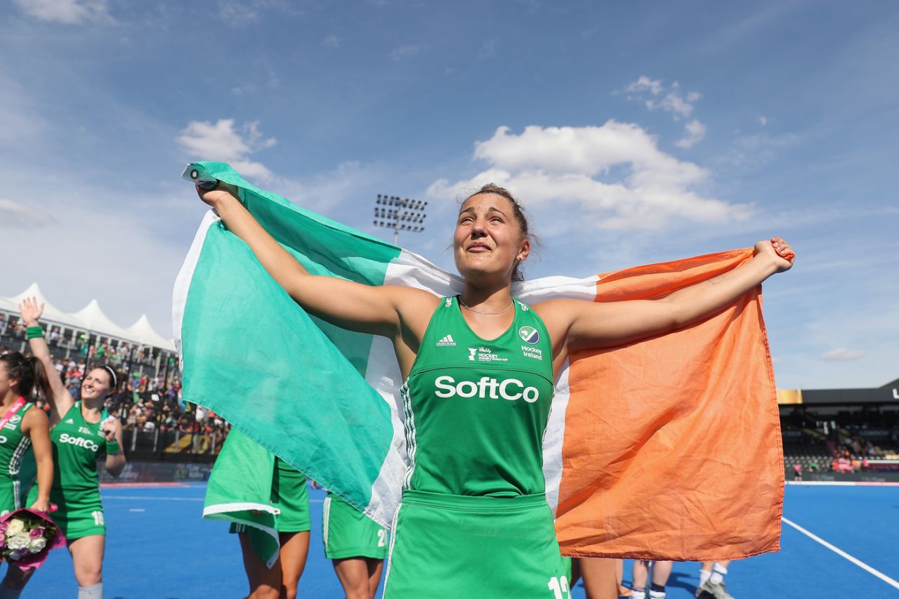Elena Tice celebrates Ireland's win in the semi-final at the Lee Valley Hockey and Tennis Centre, Ireland v Spain, 2018 Women's Hockey World Cup, London, August 4, 2018