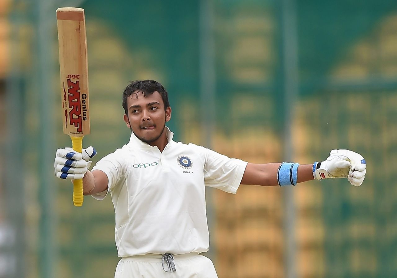 Prithvi Shaw brings out a Ross Taylor-inspired celebration upon reaching his century, India A v South Africa A, 1st unofficial Test, 2nd day, Bengaluru, August 5, 2018