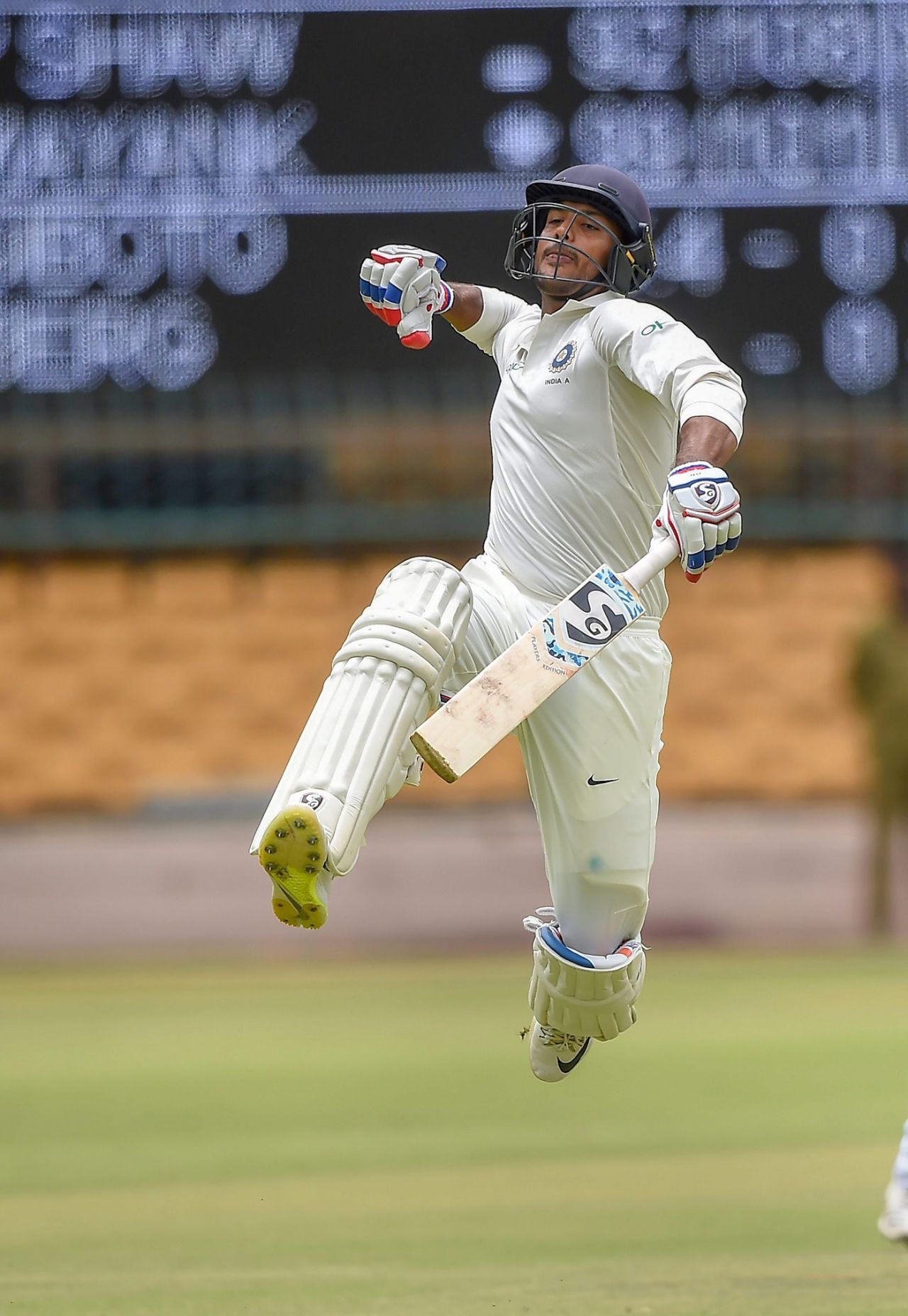 Mayank Agarwal jumps in jubilation, India A v South Africa A, 1st unofficial Test, 2nd day, Bengaluru, August 5, 2018