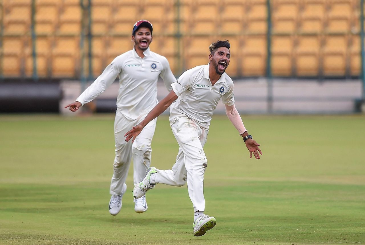 Mohammed Siraj wheels away in celebration, India A v SA A, 1st unofficial Test, Bengaluru, 4th day, August 6, 2018