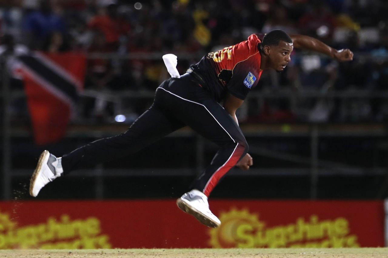 Shannon Gabriel bowls during a CPL game, Trinbago Knight Riders v St Lucia Stars, CPL 2018, Port of Spain, August 8, 2018