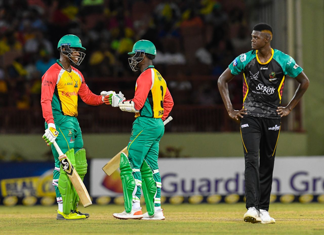 Shimron Hetmyer (left) turned the match Guyana's way in the fifth over of the chase, Guyana Amazon Warriors v St Kitts & Nevis Patriots, CPL 2018, Providence, August 9, 2018