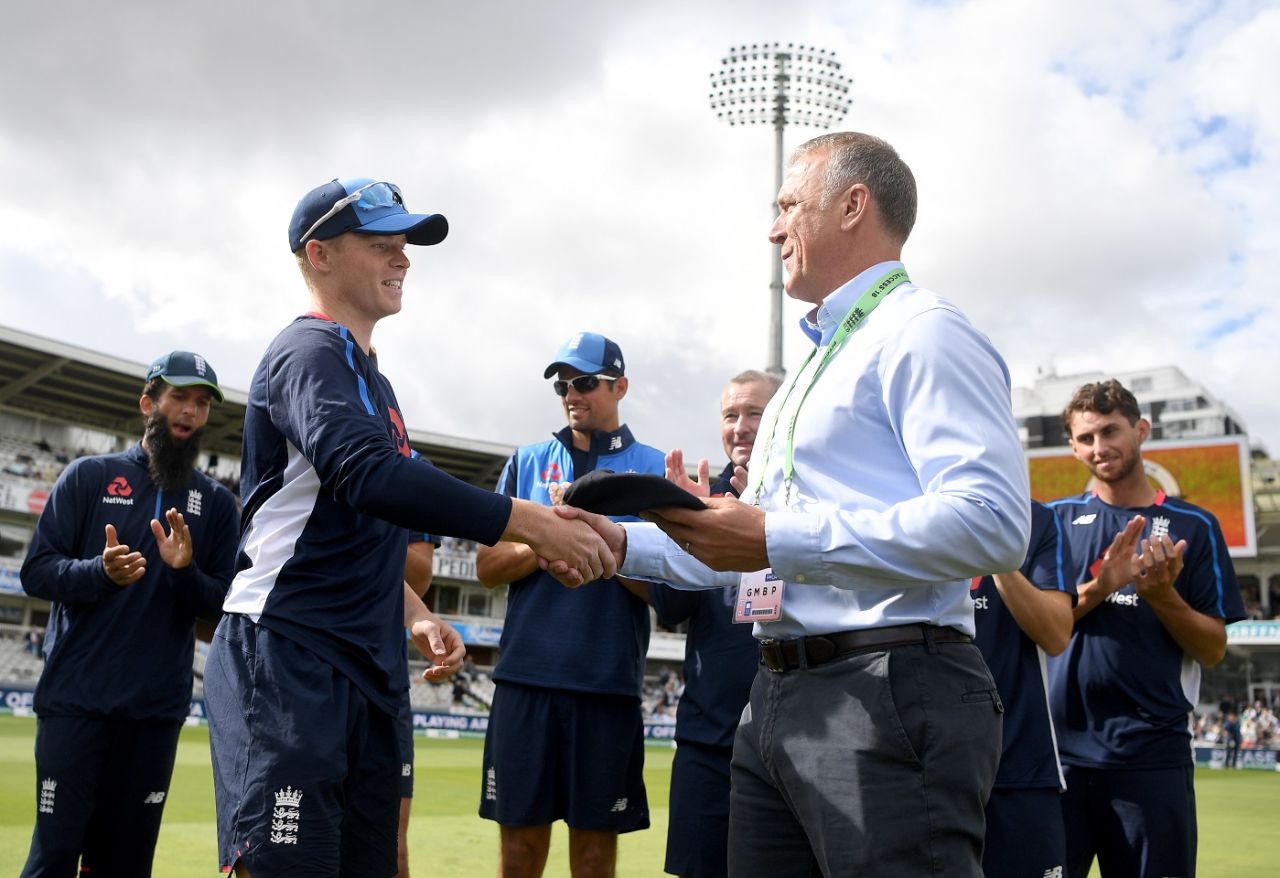 Ollie Pope receives his Test cap from Alec Stewart, England v India, 2nd Test, Lord's, 2nd day, August 10, 2018
