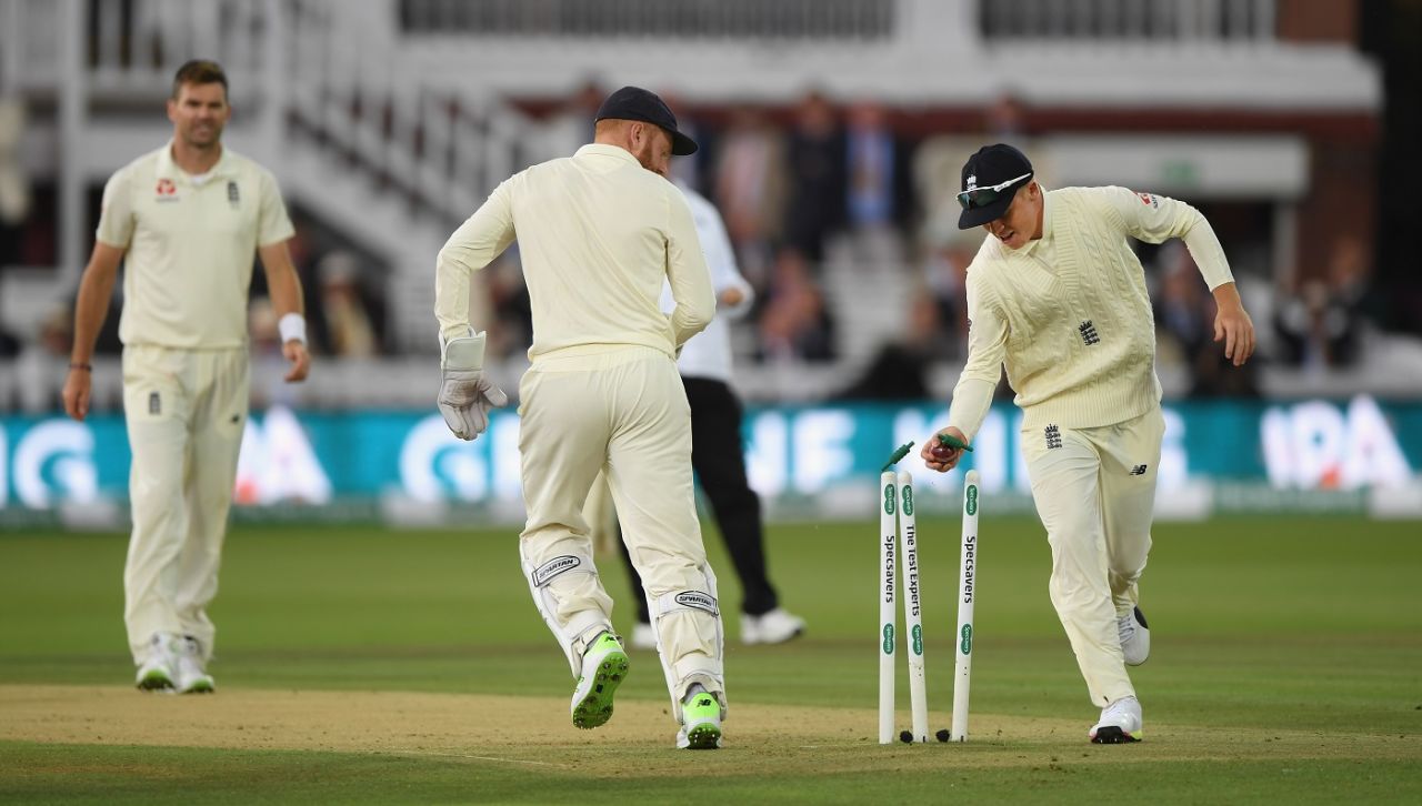 Ollie Pope breaks the wicket to run Cheteshwar Pujara out, England v India, 2nd Test, Lord's, 2nd day, August 10, 2018