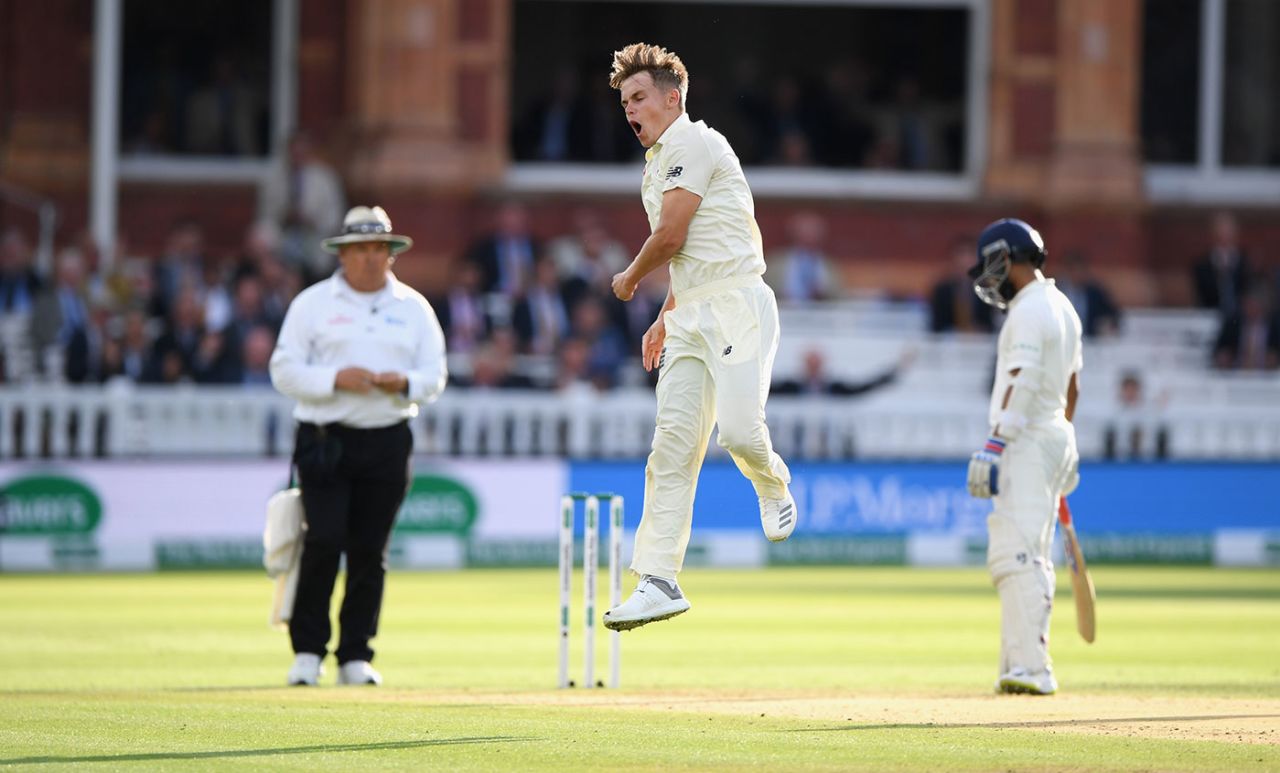 Sam Curran celebrates after removing Dinesh Karthik, England v India, 2nd Test, Lord's, 2nd day, August 10, 2018
