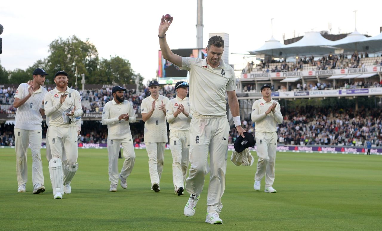 James Anderson raises the ball after his five-wicket haul, England v India, 2nd Test, Lord's, 2nd day, August 10, 2018