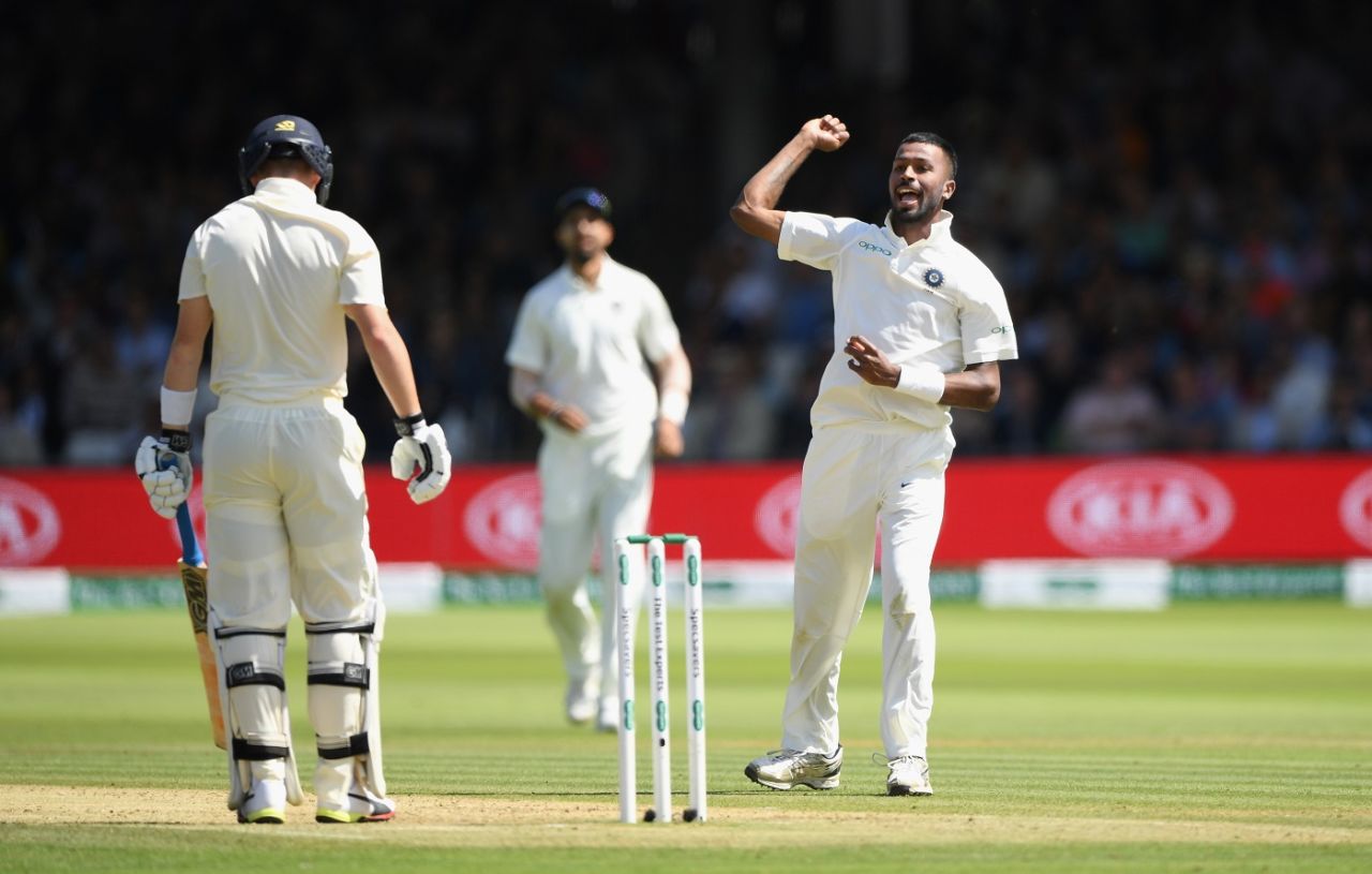 Hardik Pandya celebrates Ollie Pope's dismissal, England v India, 2nd Test, Lord's, 3rd day, August 11, 2018