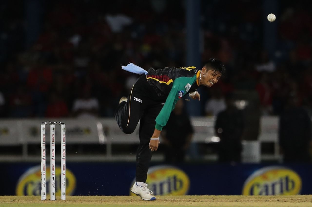 Sandeep Lamichhane bowls during a CPL game, Trinbago Knight Riders v St Kitts and Nevis Patriots, CPL 2018, Port of Spain, August 11, 2018