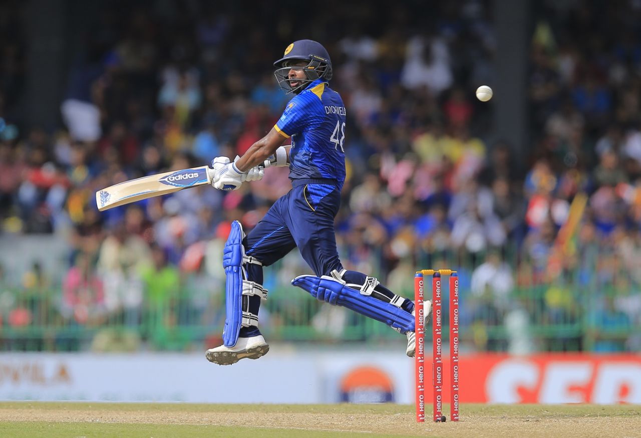 Niroshan Dickwella leaps to play one, Sri Lanka vs South Africa, 5th ODI, Colombo, August 12, 2018