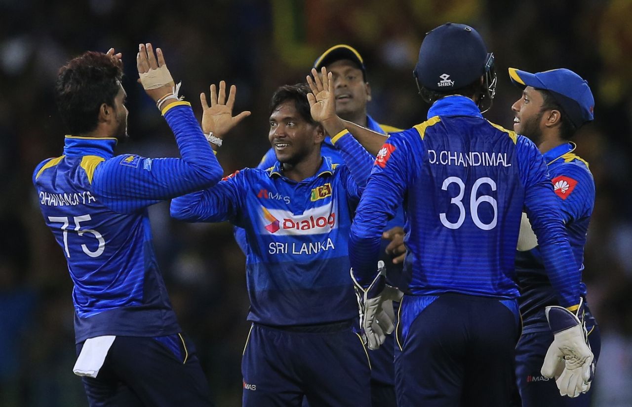 Akila Dananjaya celebrates Reeza Hendricks' wicket, Sri Lanka v South Africa, Only T20I, Colombo, August 14, 2018 