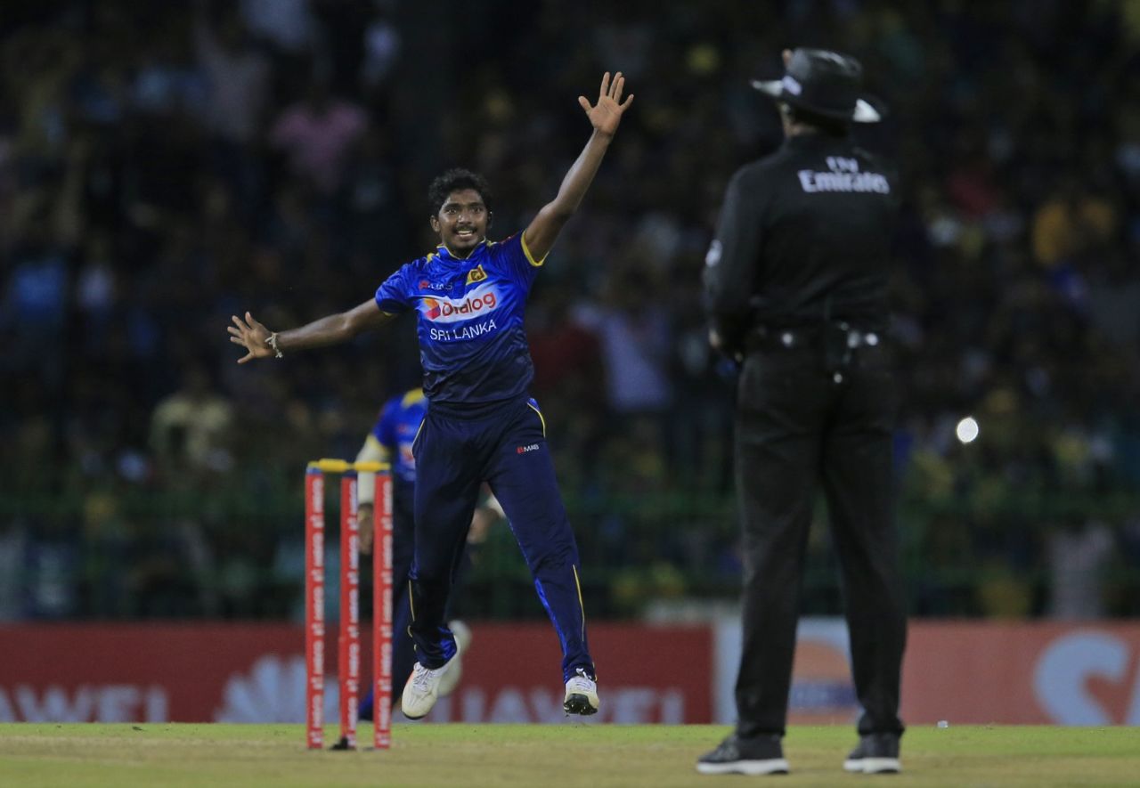 Lakshan Sandakan appeals for a wicket, Sri Lanka v South Africa, Only T20I, Colombo, August 14, 2018