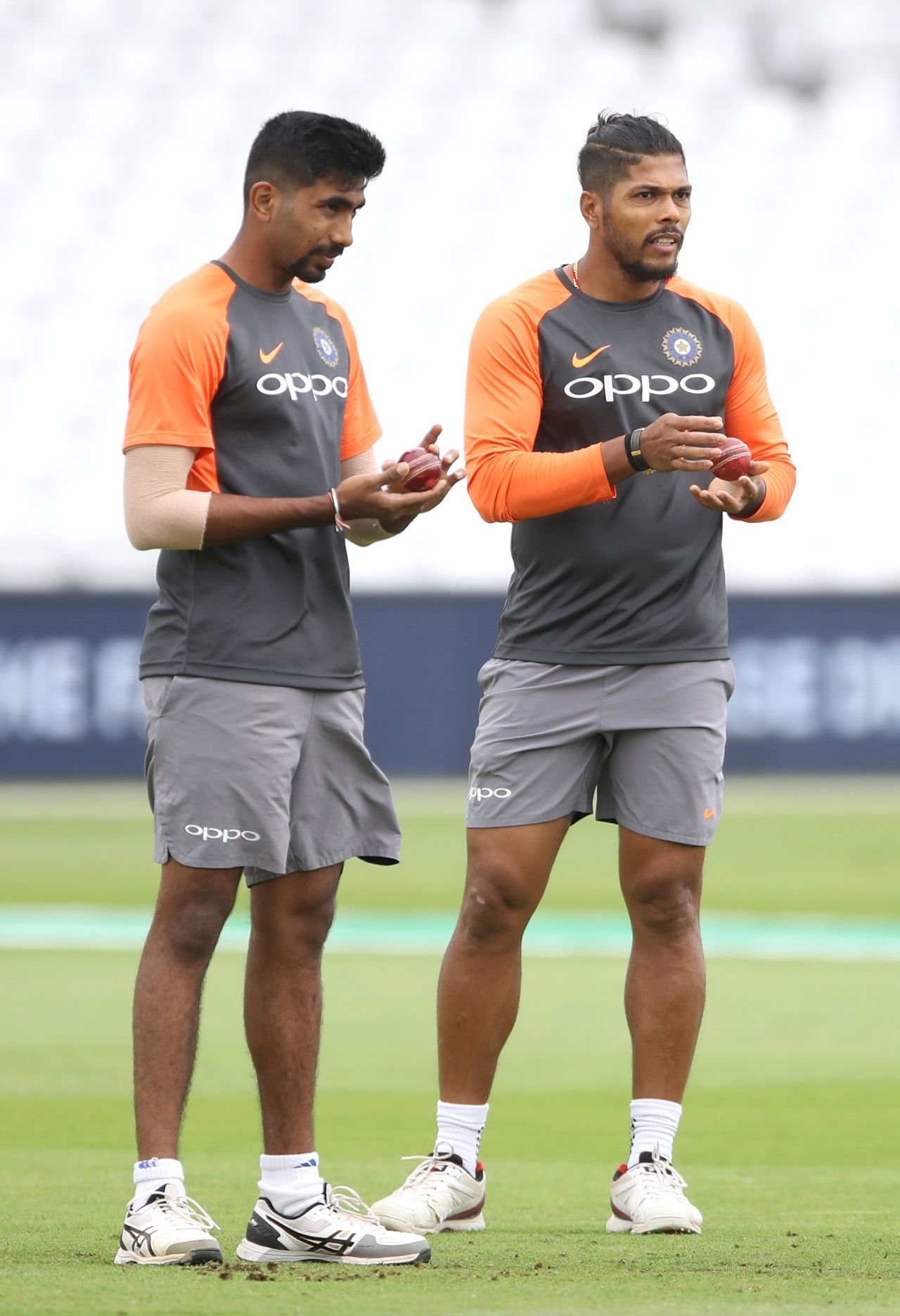 Jasprit Bumrah and Umesh Yadav prepare to bowl during a nets session, England v India, 3rd Test, Trent Bridge, August 17, 2018