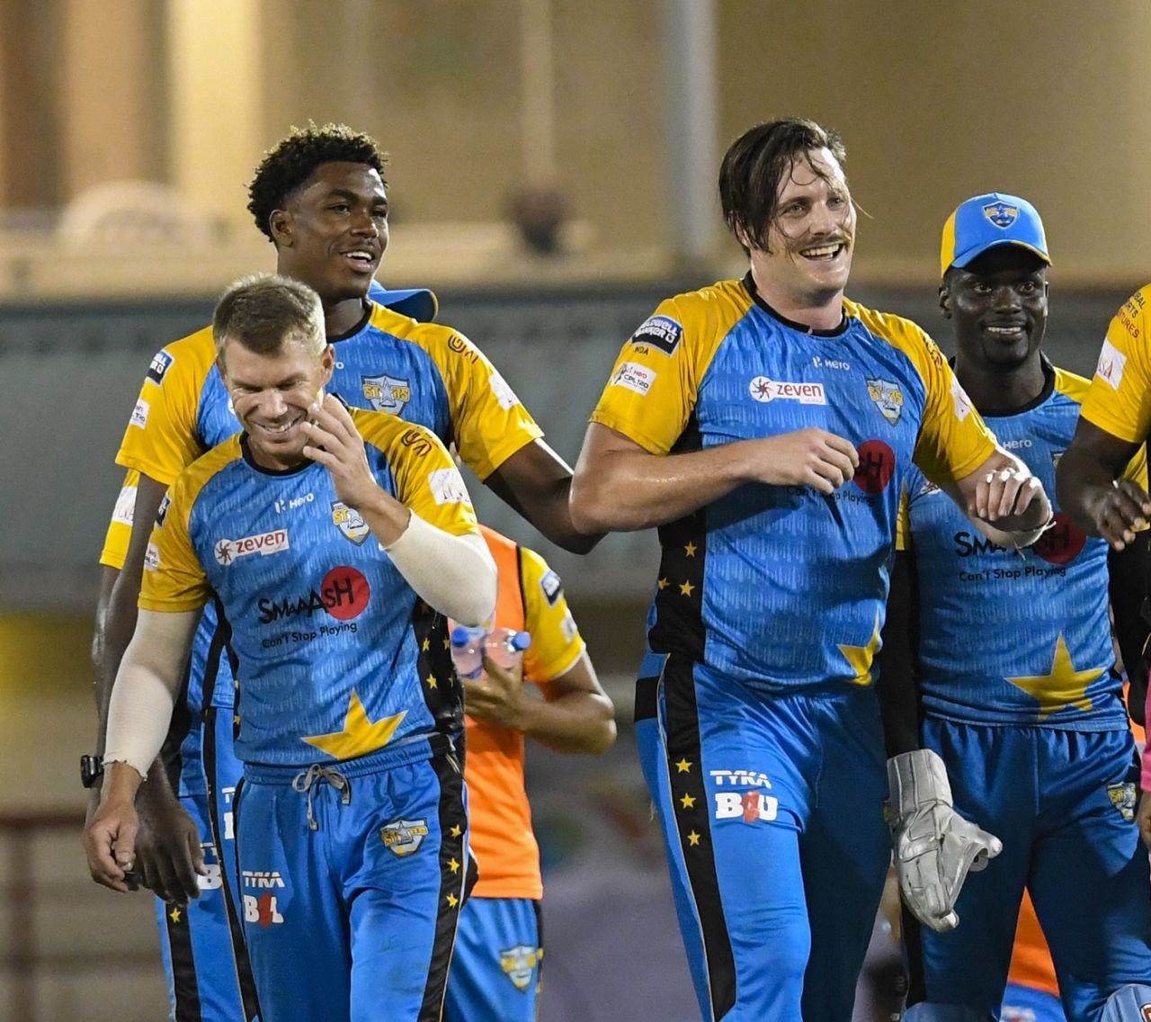David Warner, Obed McCoy, Andre Fletcher and Mitchell McClenaghan celebrate a win, Stars v Tridents, CPL 2018, St Lucia, August 17, 2018