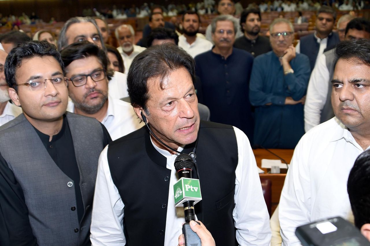 Newly appointed Pakistan Prime Minister Imran Khan addresses lawmakers, August 17, 2018