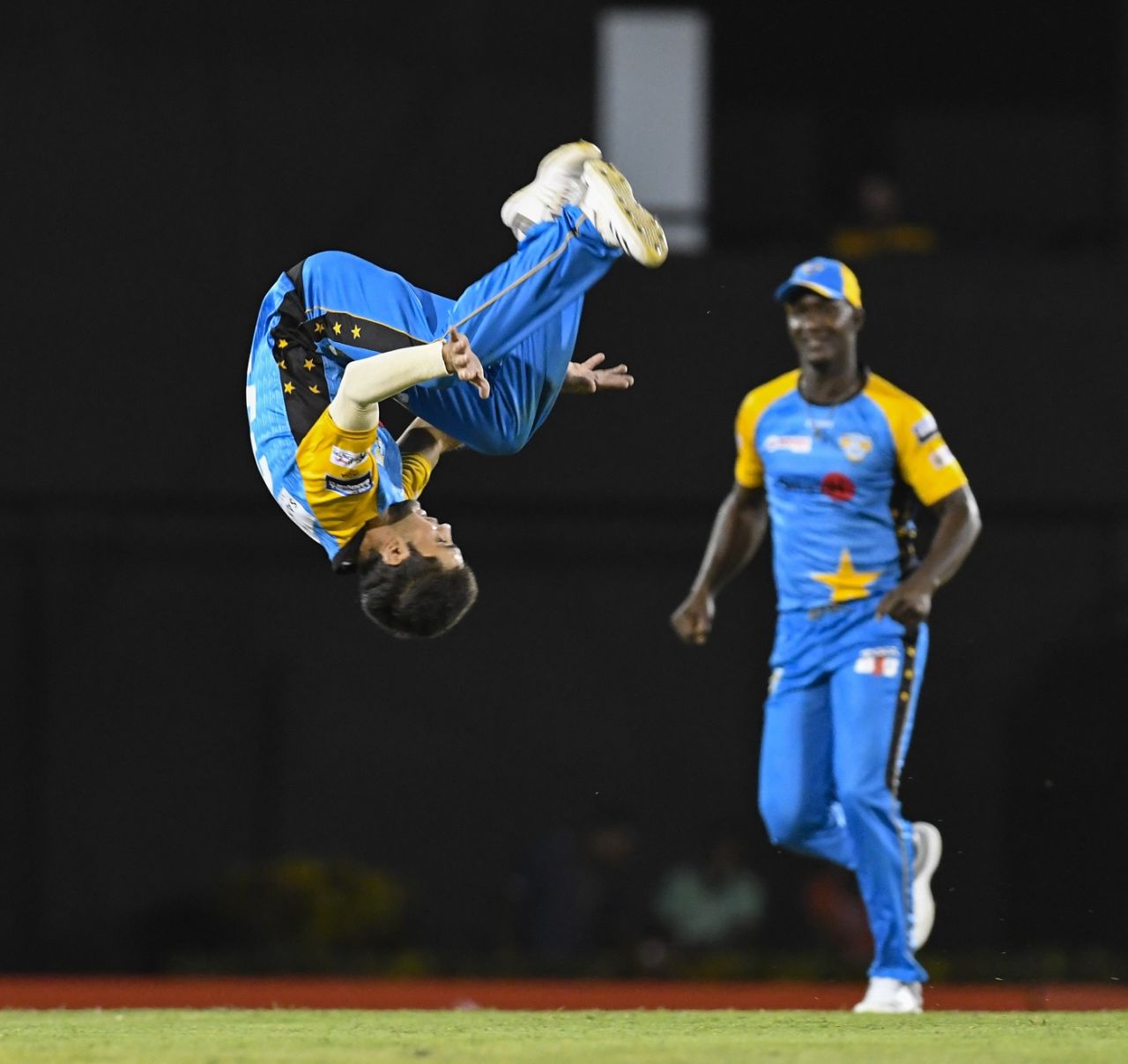Qais Ahmed does a reverse somersault, Stars v Tridents, CPL 2018, St Lucia, August 17, 2018