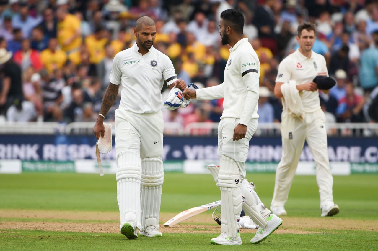 Shikhar Dhawan and KL Rahul bump fists after making it through the opening hour, England v India, 3rd Test, Trent Bridge, 1st day, August 18, 2018