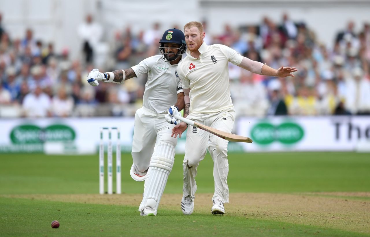 Shikhar Dhawan and Ben Stokes collide as the opener tries to complete a run, England v India, 3rd Test, Trent Bridge, 1st day, August 18, 2018