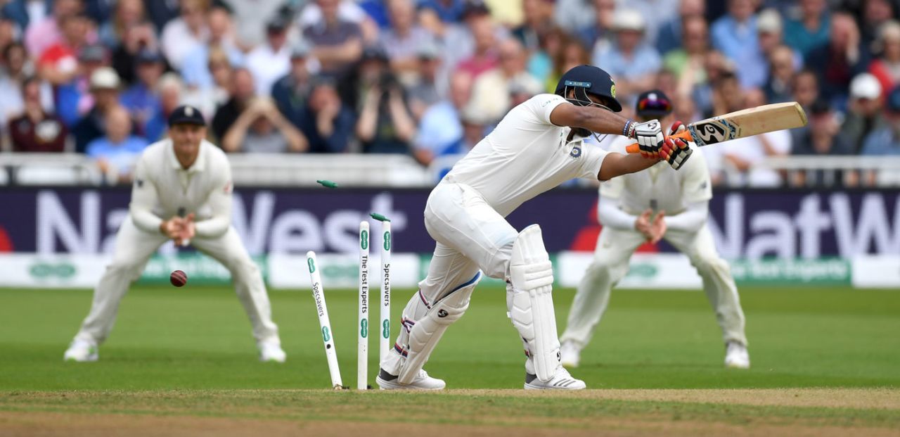 Rishabh Pant plays one onto his stumps, England v India, 3rd Test, Trent Bridge, 2nd day, August 19, 2018