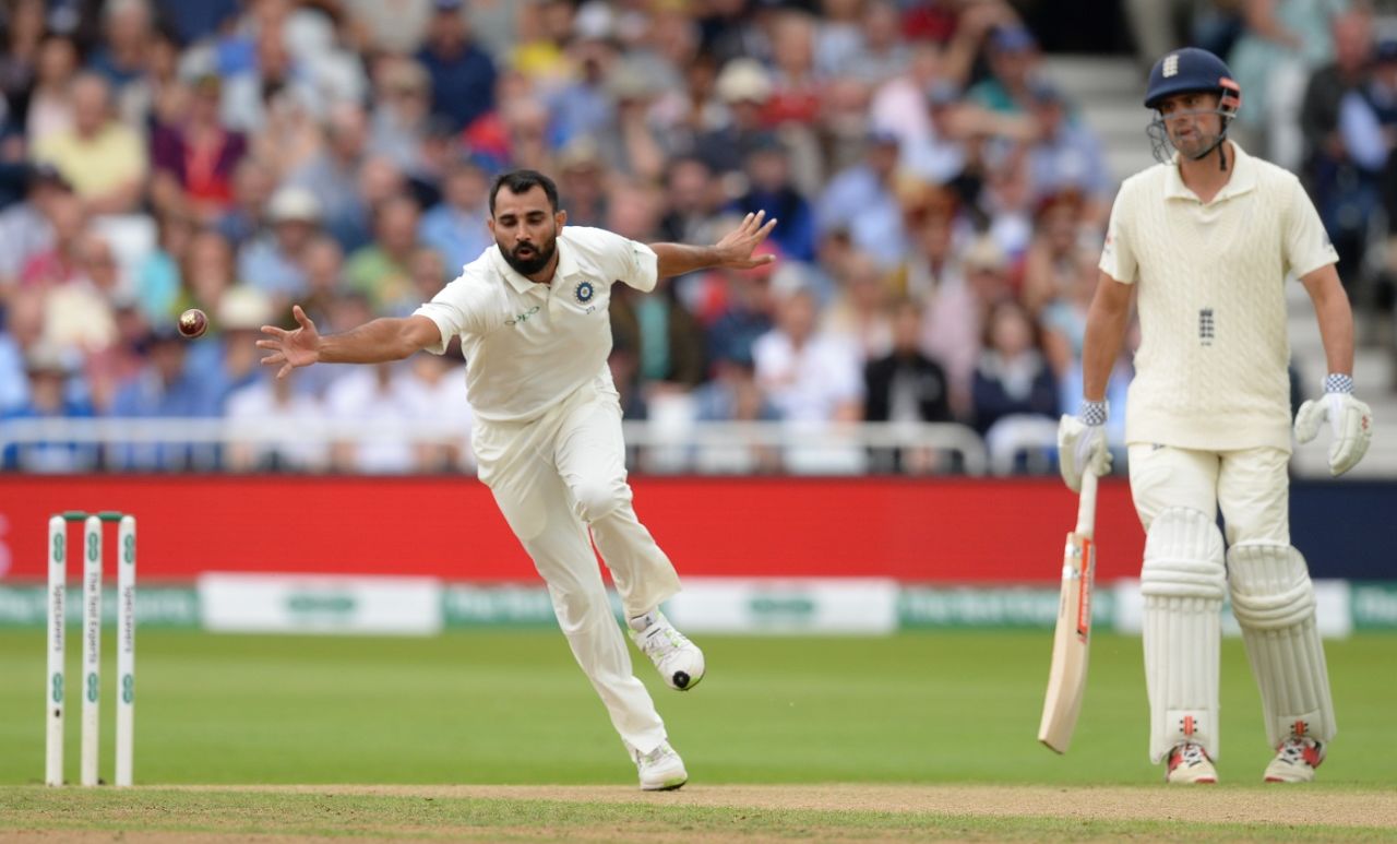 Mohammed Shami stretches to stop the ball, England v India, 3rd Test, Trent Bridge, 2nd day, August 19, 2018