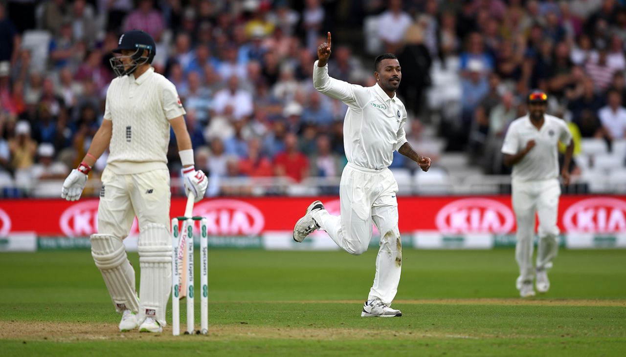 Hardik Pandya celebrates striking with his first ball, England v India, 3rd Test, Trent Bridge, 2nd day, August 19, 2018