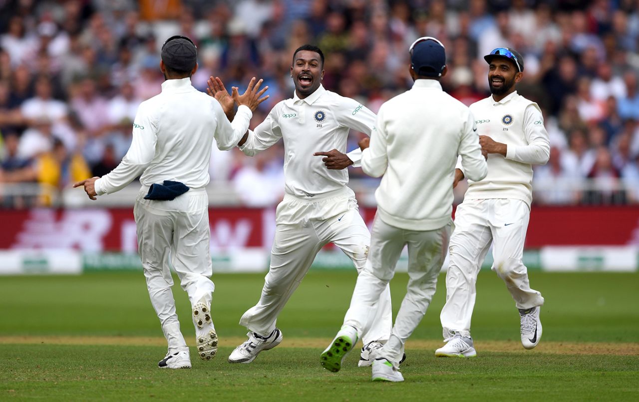 Hardik Pandya is pumped up on his way to a maiden Test five-for, England v India, 3rd Test, Trent Bridge, 2nd day, August 19, 2018