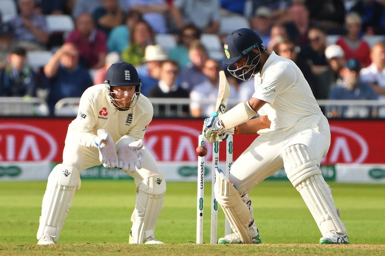 Cheteshwar Pujara watches the ball closely as he looks to play the cut, England v India, 3rd Test, Trent Bridge, 2nd day, August 19, 2018
