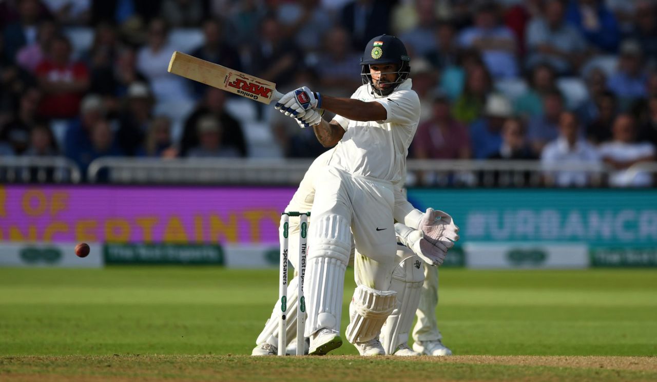 Shikhar Dhawan pulls through midwicket, England v India, 3rd Test, Trent Bridge, 2nd day, August 19, 2018