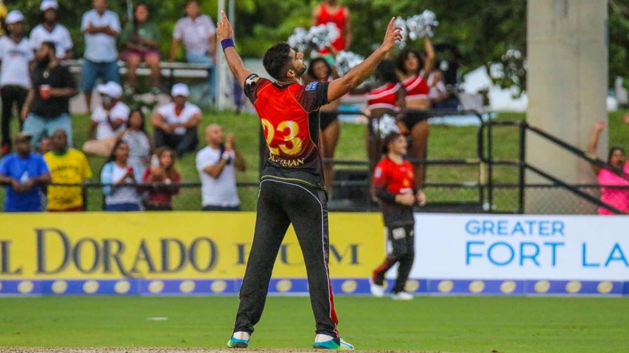 Ali Khan celebrates after dismissing Andre Russell, Jamaica Tallawahs v Trinbago Knight Riders, CPL 2018, Lauderhill, August 19, 2018