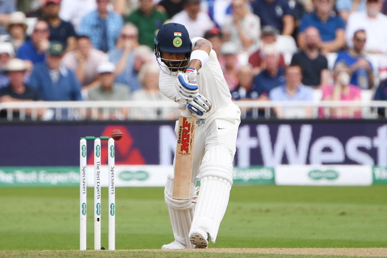 Virat Kohli presses forward and defends, England v India, 3rd Test, Trent Bridge, 3rd day, August 19, 2018
