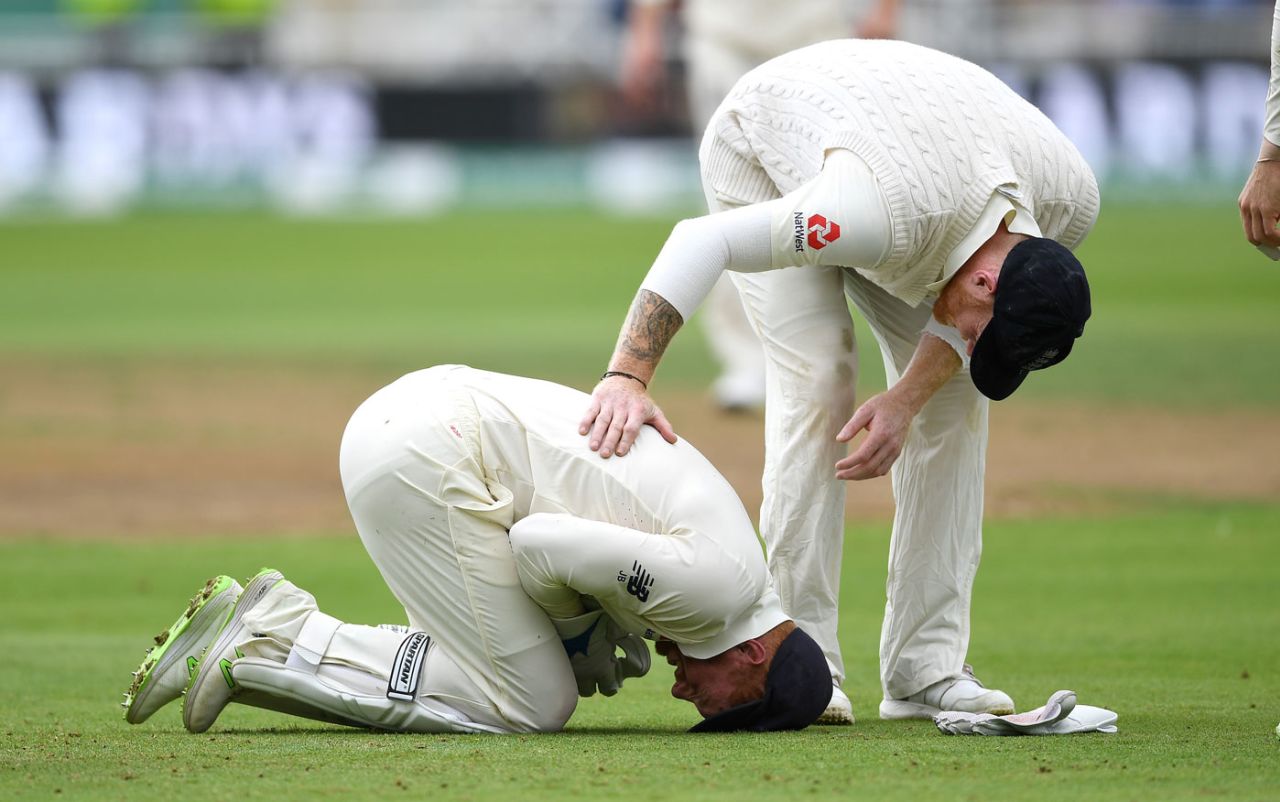 Jonny Bairstow clutches his left hand after being struck by a wobbly delivery, England v India, 3rd Test, Trent Bridge, 3rd day, August 20, 2018