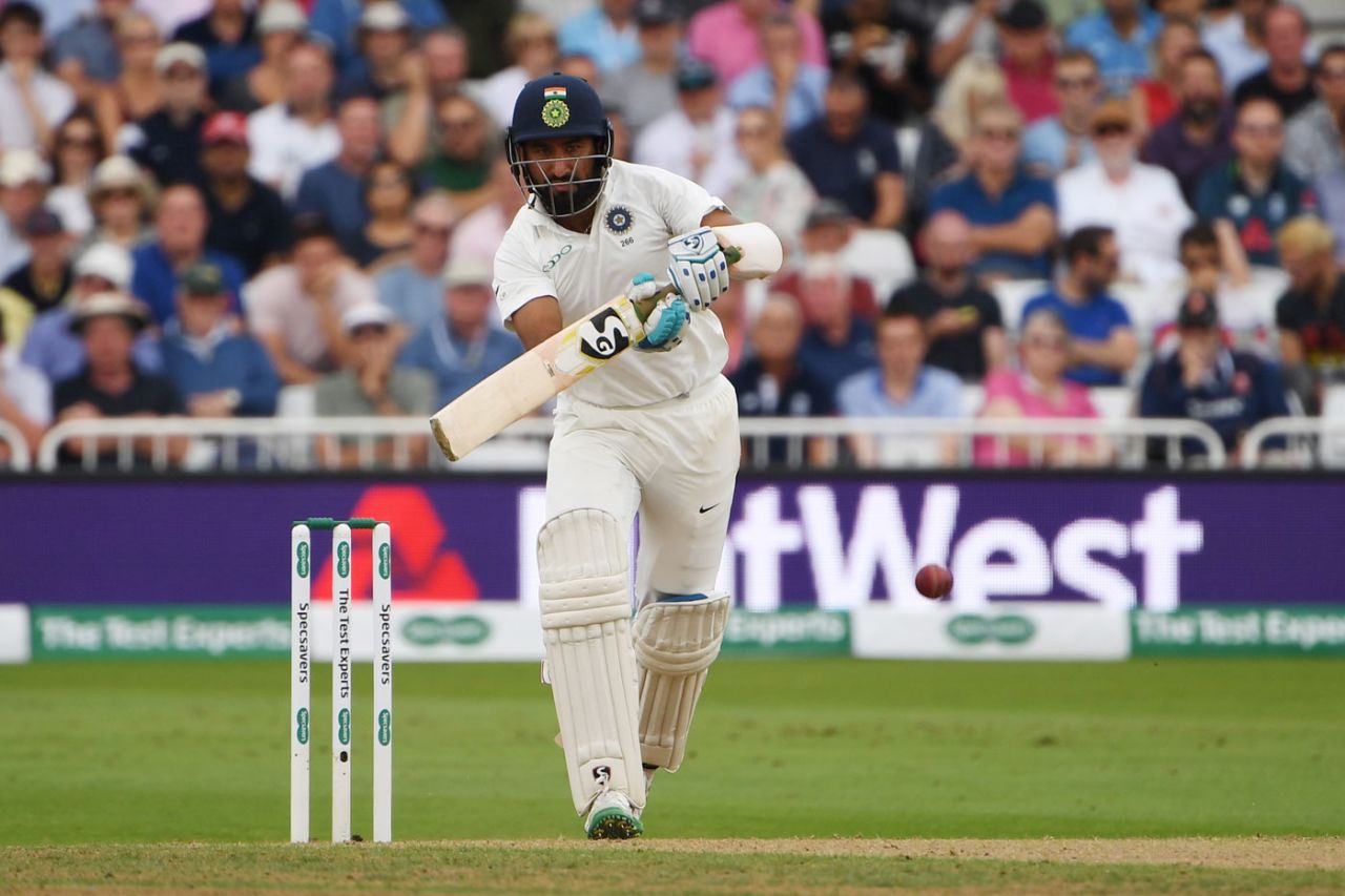 Cheteshwar Pujara takes off for a run after driving down the ground, England v India, 3rd Test, Trent Bridge, 3rd day, August 20, 2018