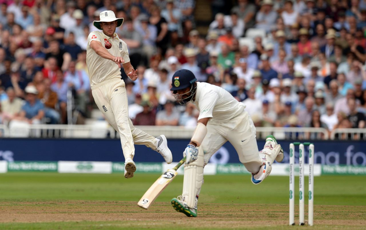 Cheteshwar Pujara completes a run as Stuart Broad fires in a throw, England v India, 3rd Test, Trent Bridge, 3rd day, August 20, 2018