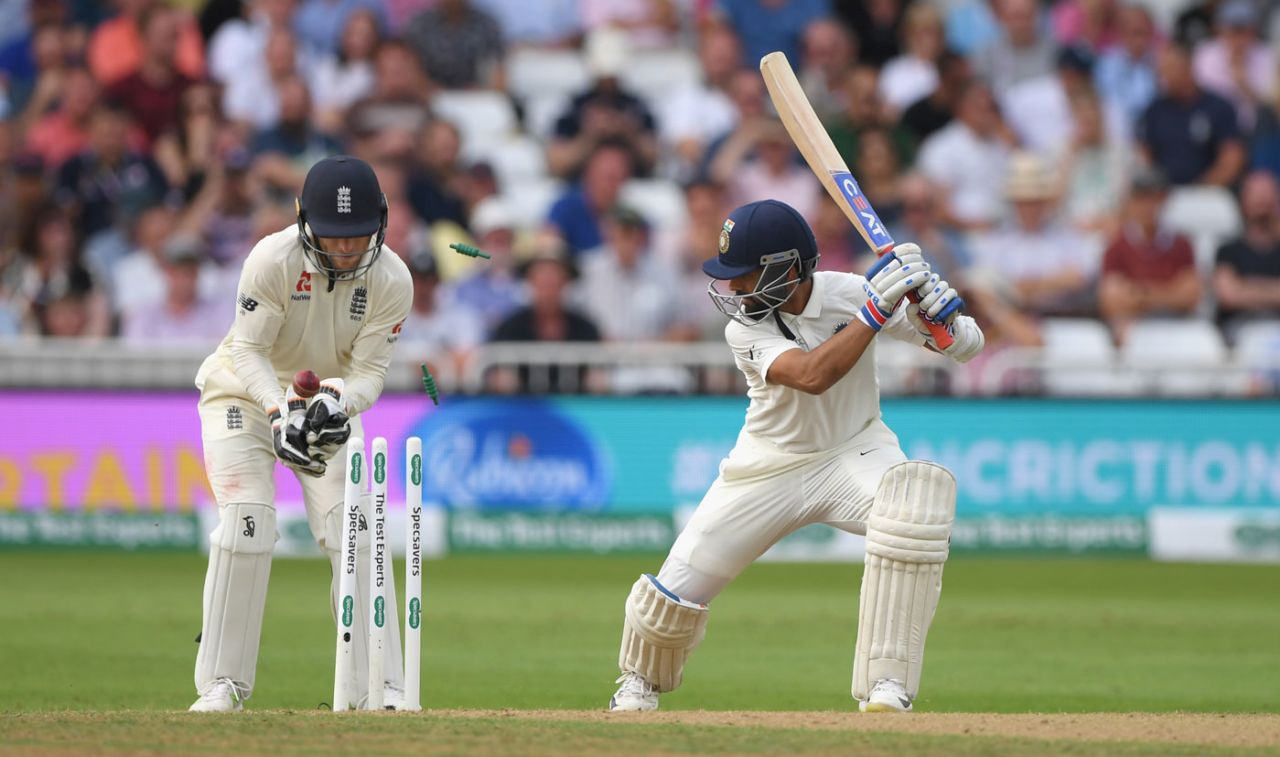 Ajinkya Rahane misses the cut to be bowled, England v India, 3rd Test, Trent Bridge, 3rd day, August 20, 2018