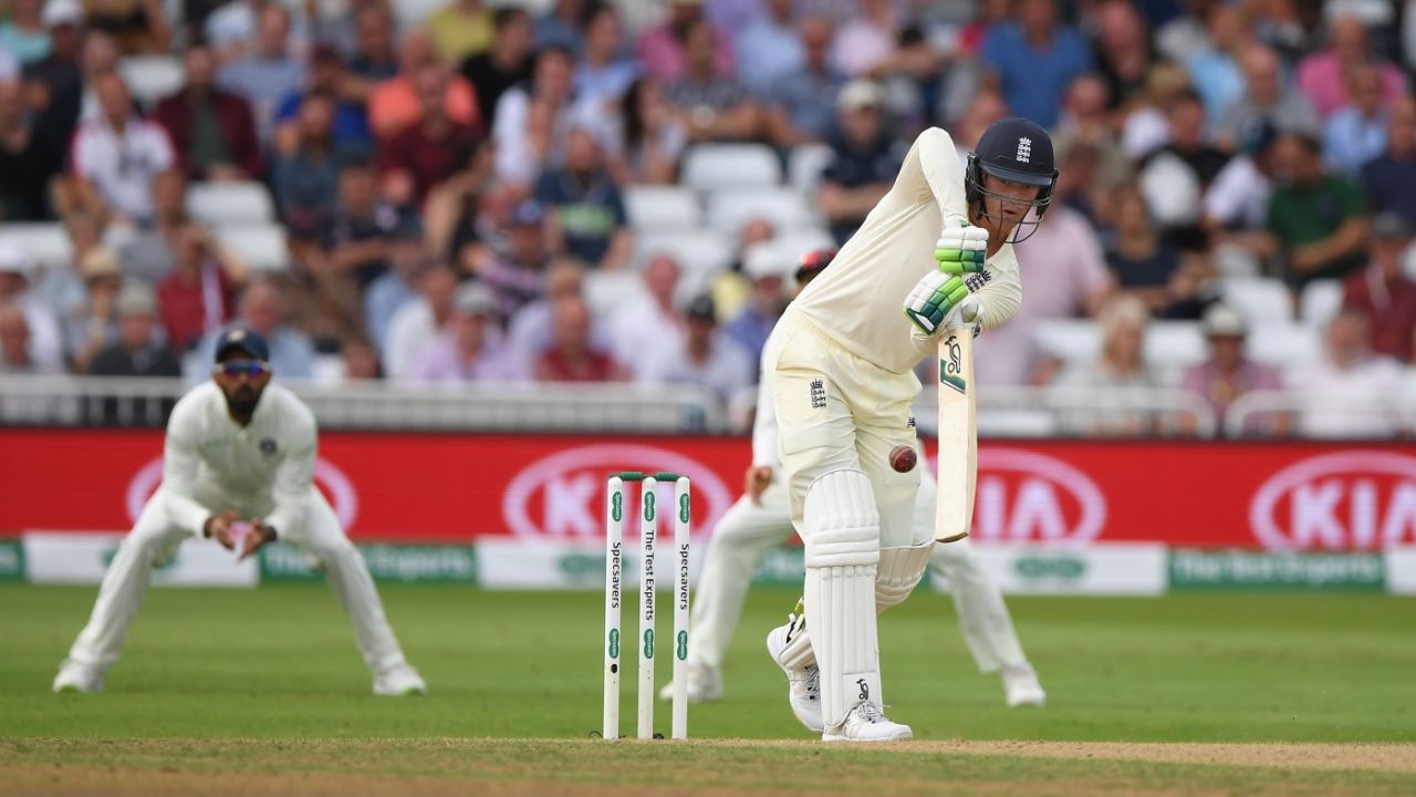 Keaton Jennings plays a defensive push, England v India, 3rd Test, Trent Bridge, 3rd day, August 20, 2018
