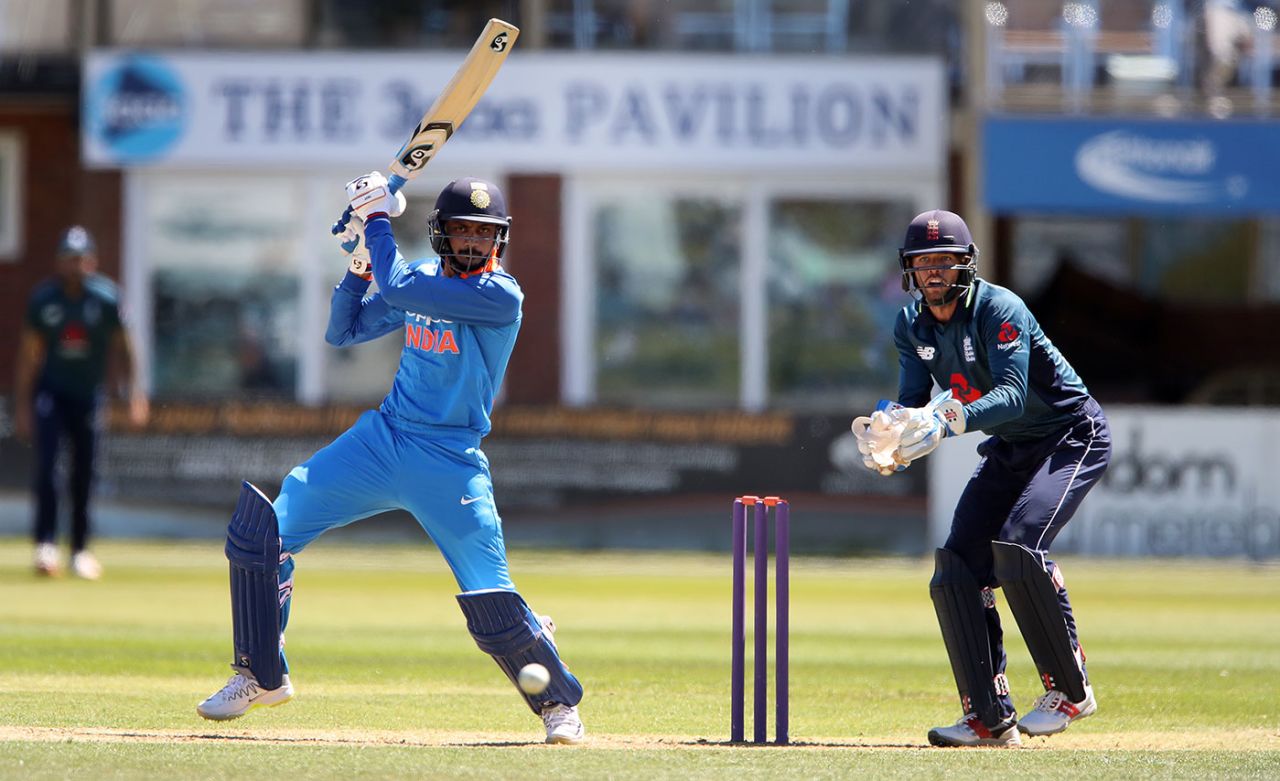 Axar Patel drives square through the off side, England Lions v India, Tri-series, Derby, June 22, 2018