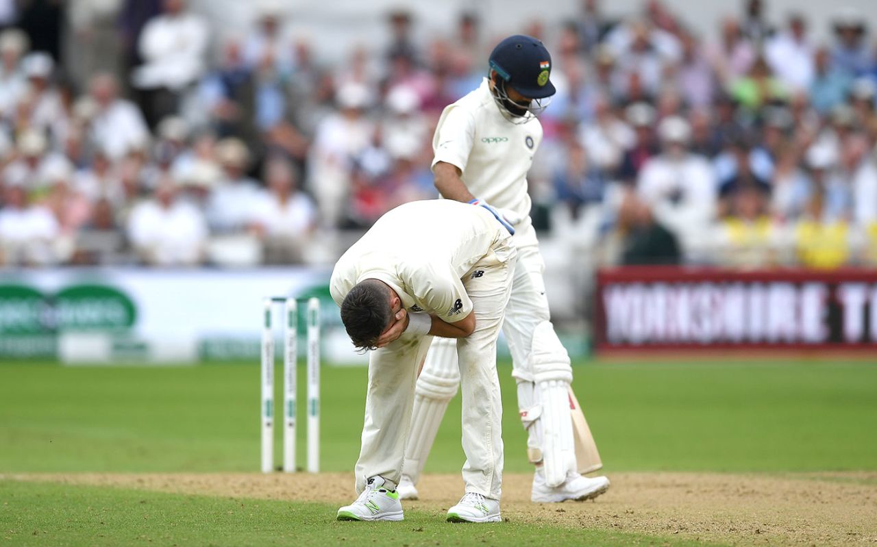 James Anderson reacts to another dropped catch, England v India, 3rd Test, Trent Bridge, 3rd day, August 20, 2018
