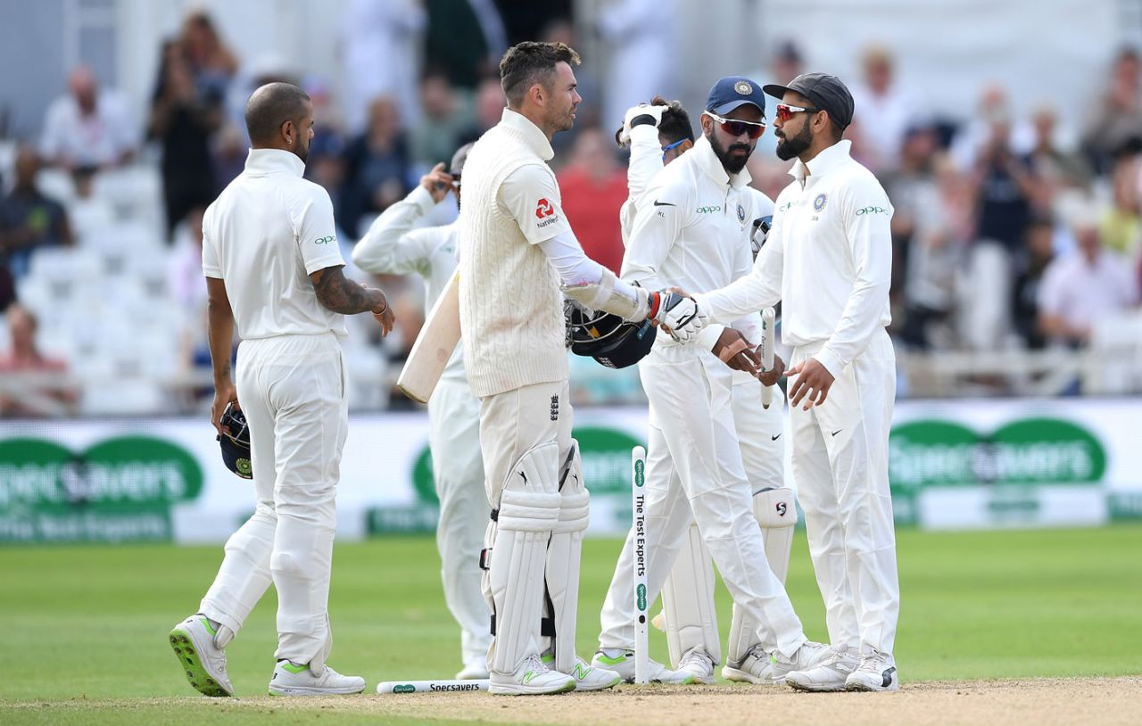 James Anderson shakes hands with Virat Kohli after the match, England v India, 3rd Test, Trent Bridge, 5th day, August 22, 2018