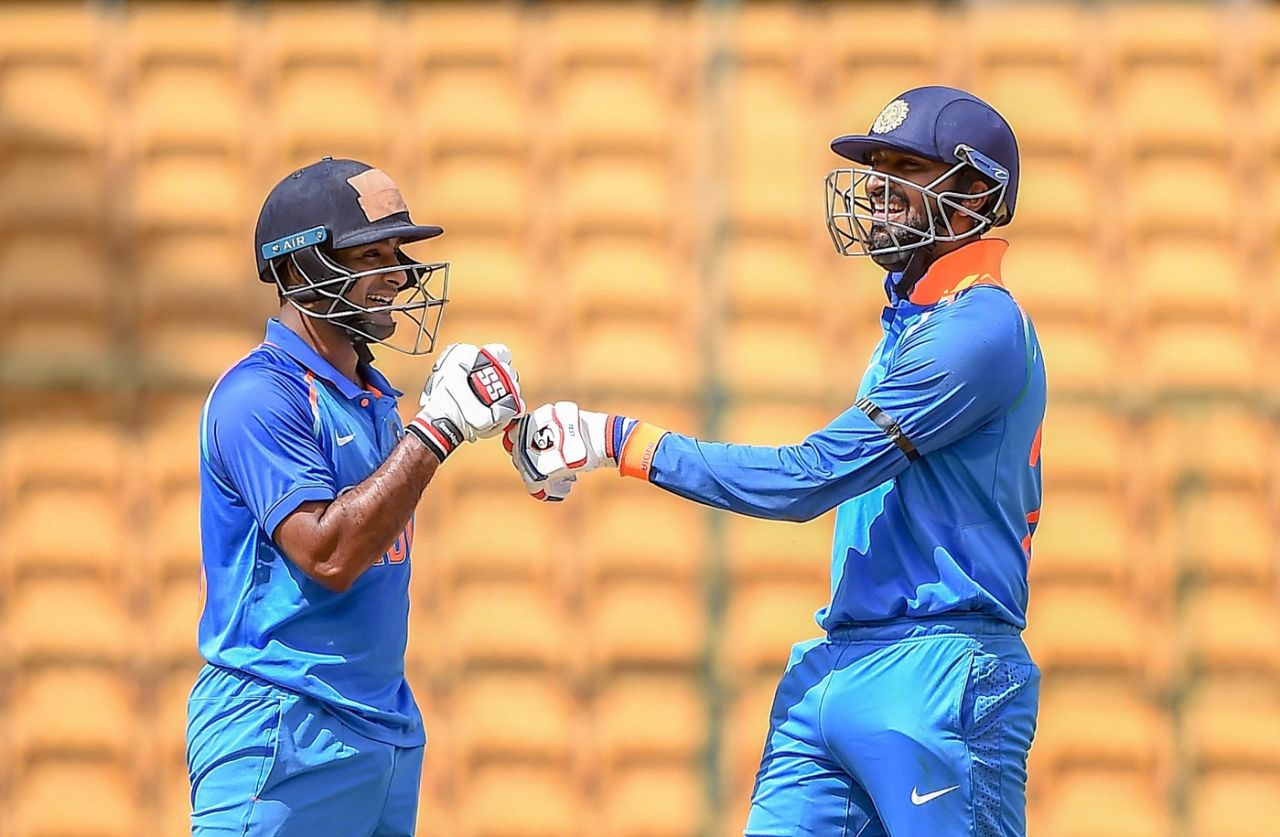 Ambati Rayudu and Krunal Pandya fist-bump during their partnership, India A v Australia A, M.Chinnaswamy Stadium, August 23, 2018