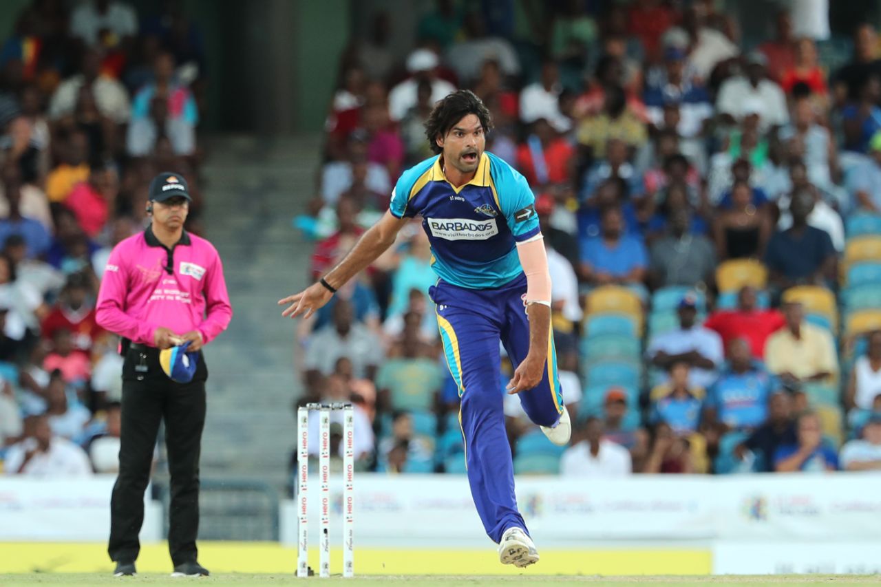 Mohammad Irfan in his follow through, Barbados Tridents v St Kitts and Nevis Patriots, CPL 2018, August 25, 2018, Bridgetown
