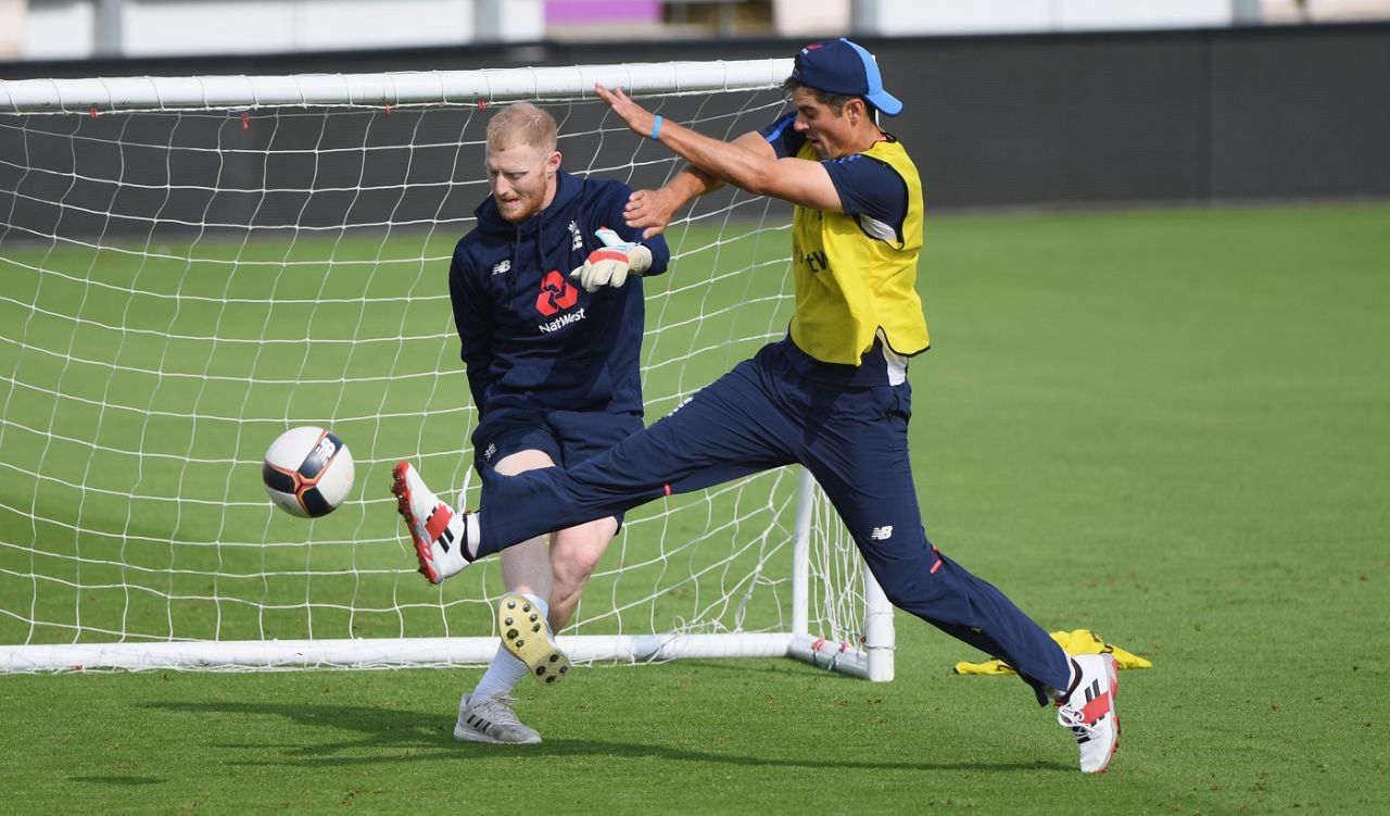Collision course: Ben Stokes and Alastair Cook bump into each other during training, England v India, 4th Test, Southampton