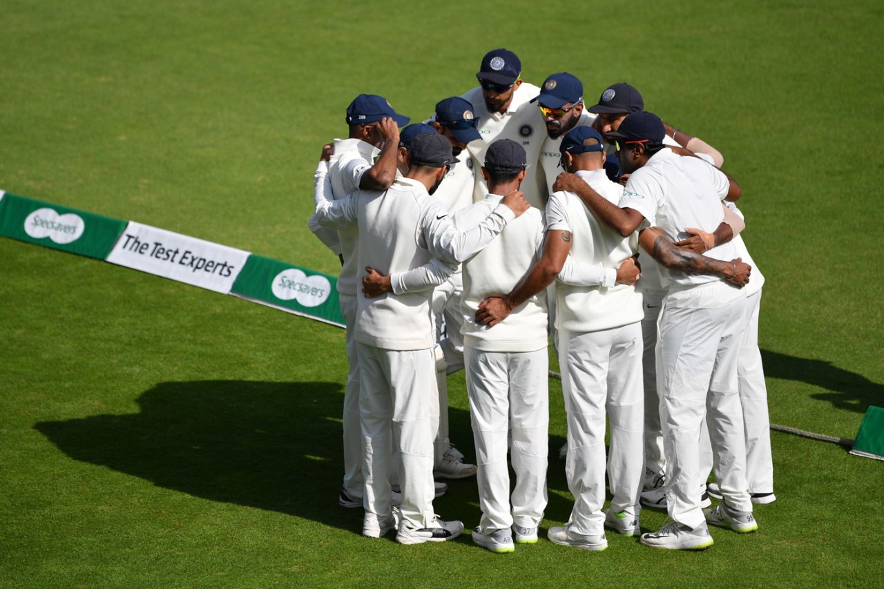 India's players huddle before the start of play, England v India, 4th Test, Ageas Bowl, 1st day, August 30, 2018