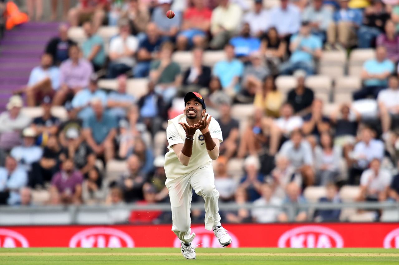Jasprit Bumrah dives forward to get under a miscued sweep from Moeen Ali, England v India, 4th Test, Ageas Bowl, 1st day, August 30, 2018